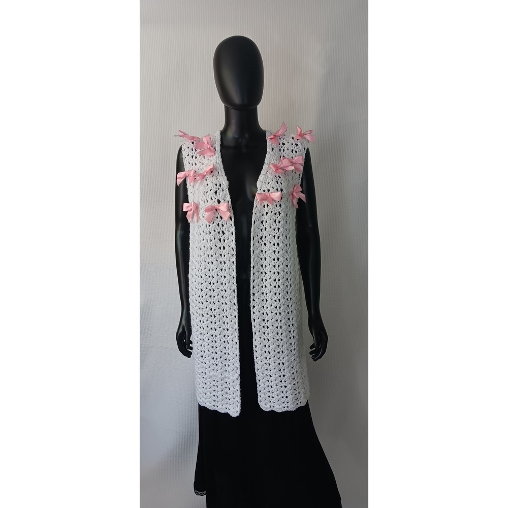 Handmade White Crochet Vest Sweater Longline Pink Bow Coquette Medium KS0296 - Picture 3 of 6